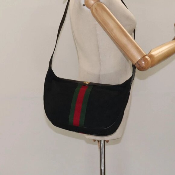 GUCCI Web Sherry Line GG Canvas Shoulder Bag Black Gold Red 010 378 Auth 127151 - Picture 3 of 16